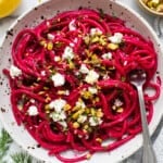 Roasted beet pasta in a bowl.