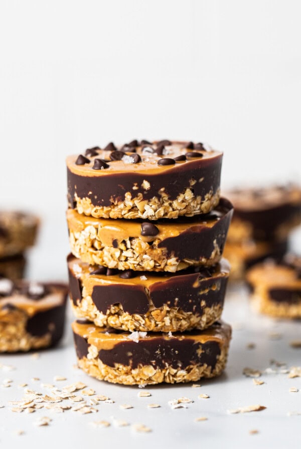 A stack of chocolate peanut butter oat bars.