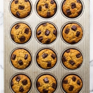 Chocolate chip muffins in a muffin tin.
