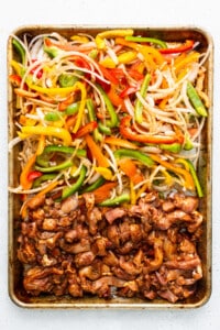 sheet pan fajitas on baking sheet.