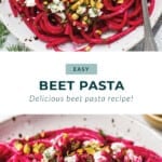 Beet pasta on a plate with a fork.