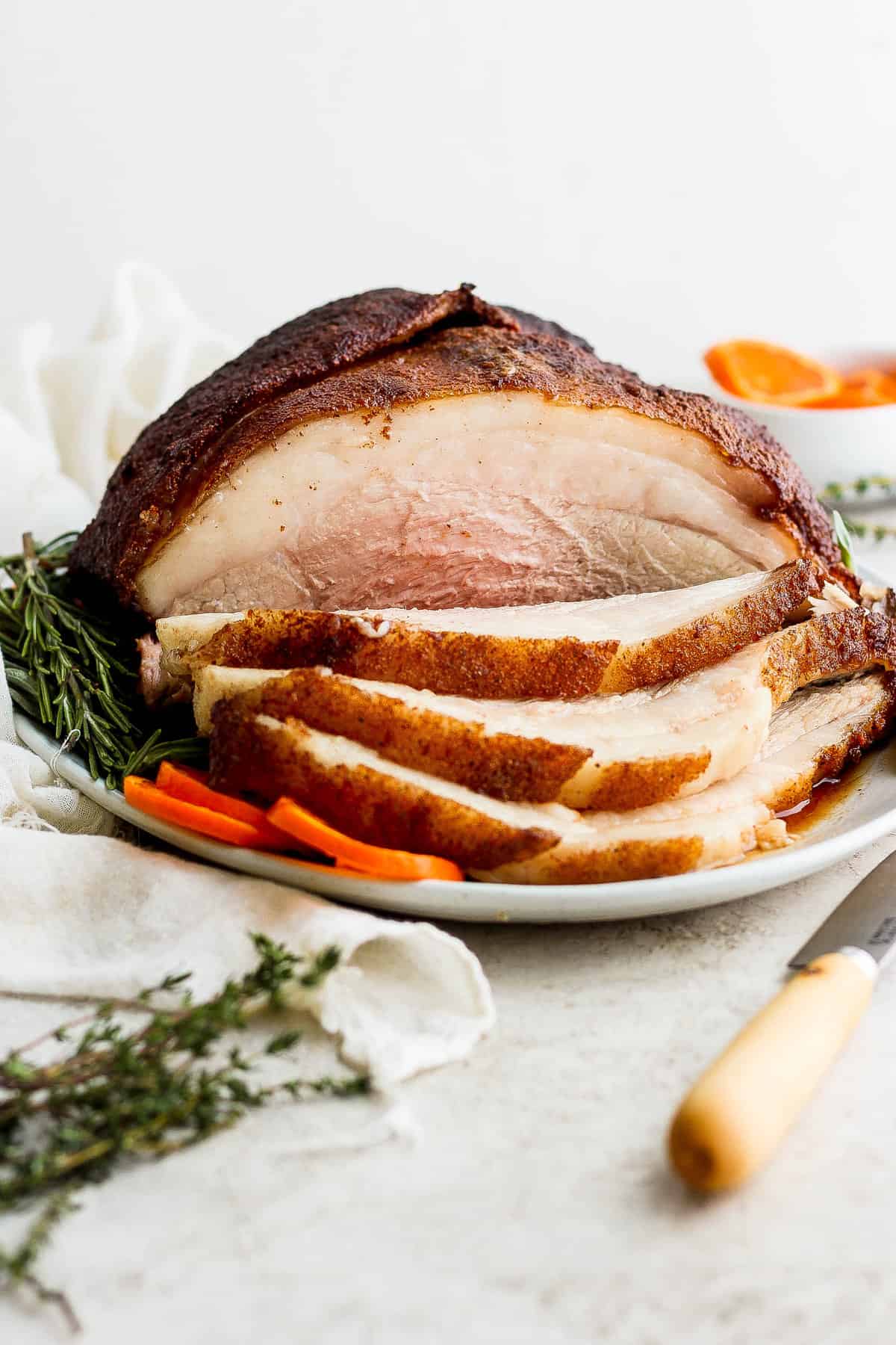 Sliced ham on a plate.