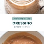 A bowl of dressing with a whisk in it.