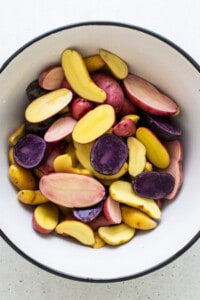 bowl of raw fingerling potatoes.