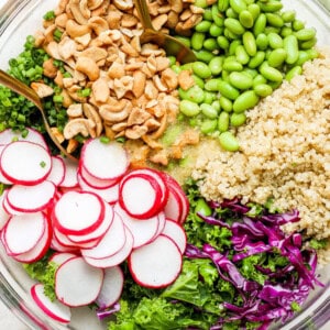 a bowl of quinoa, radishes, cashews and radishes.