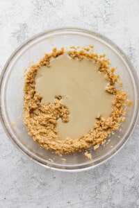 peanut butter cookie dough in a glass bowl.