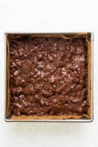 Chocolate fudge brownies in a baking pan.