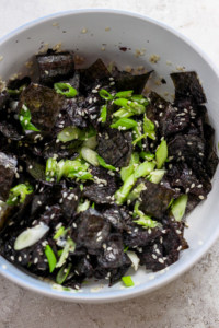 Black sesame tofu in a bowl.
