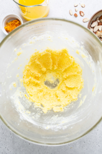 A glass bowl filled with ingredients for a recipe.