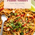 Easy peanut noodles in a white bowl.